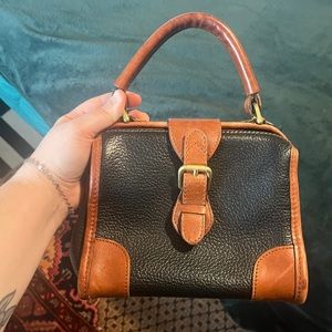 1990s Liz Claiborne Brown and Black Leather Top Handle Mini Handbag Purse
